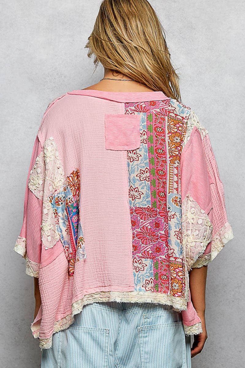 POL Round Neck Double Gauze Floral Woven Top