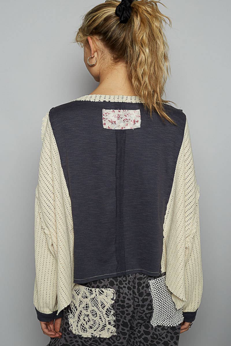 Vintage wash V-neck floral ribbed knit top SALE