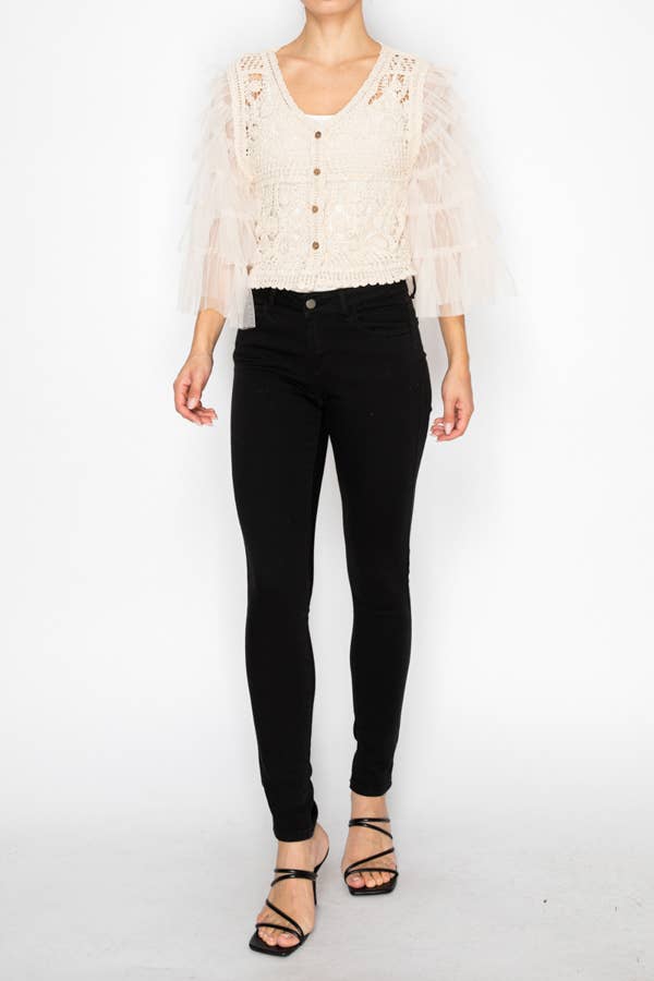 Dreamy Crochet Tulle Tiered Sleeved Cardigan