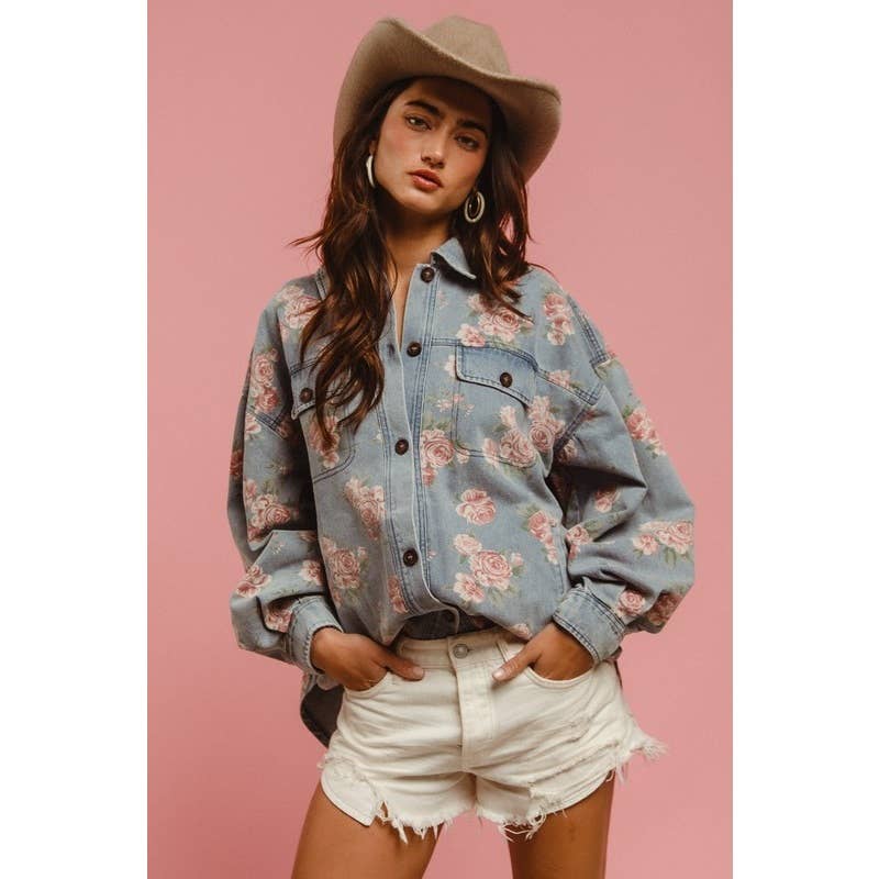 FLORAL PRINT WASHED DENIM SHACKET WITH SIDE POCKET