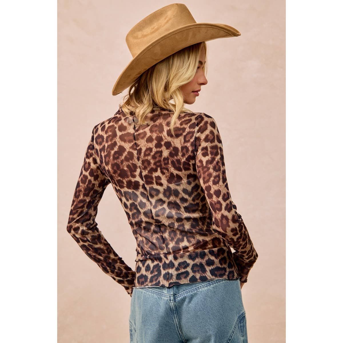 AUG SHIP MESH LEOPARD PRINTED TOP WITH LONG SLEEVES: LEOPARD