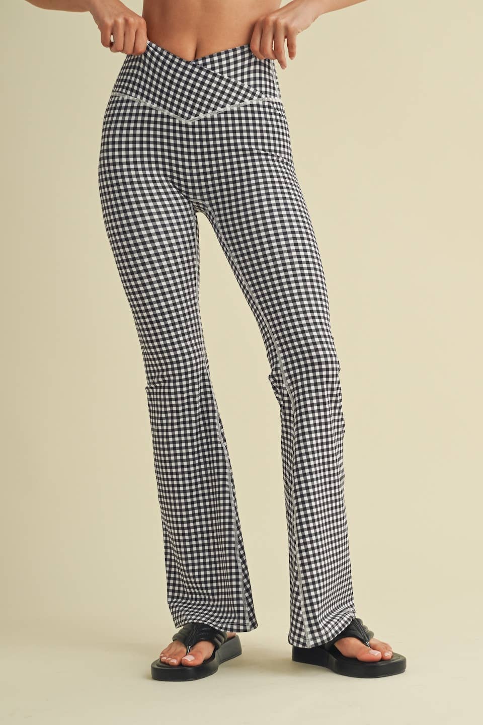 Gingham Print High Waist Crossover Flare Legging