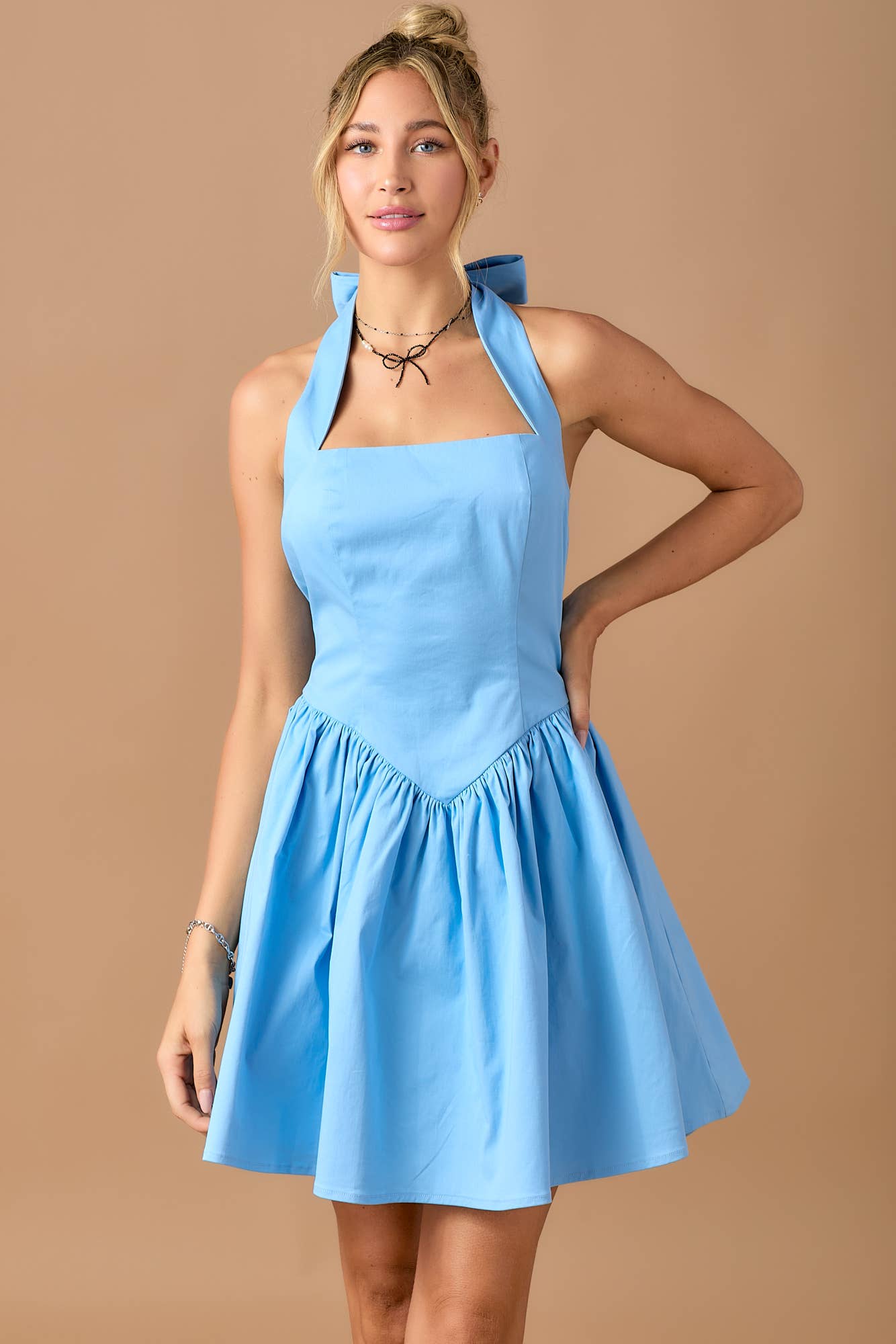 Halter style corset fit flared cotton mini dress