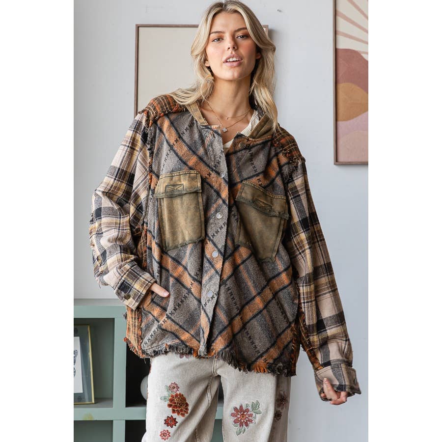 WASHED MIXED PLAID OVERSIZED HOODED JACKET