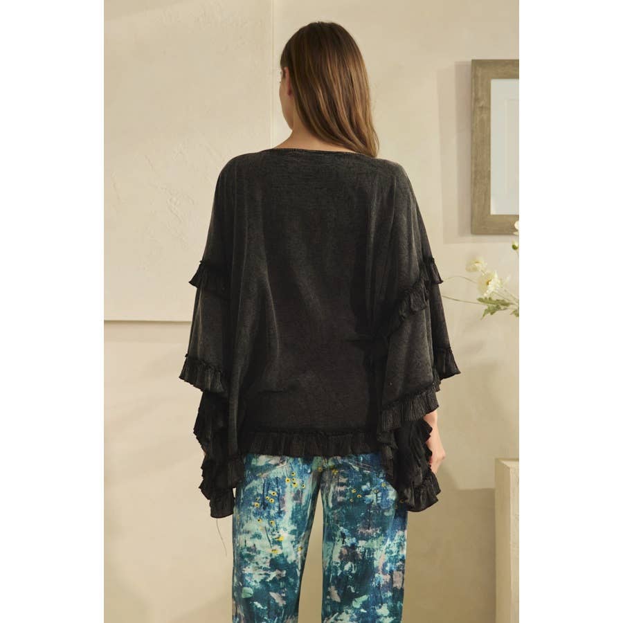 WASHED CINCHED DETAIL RUFFLE SLEEVE AND HEM TOP - HOT PINK or BLACK