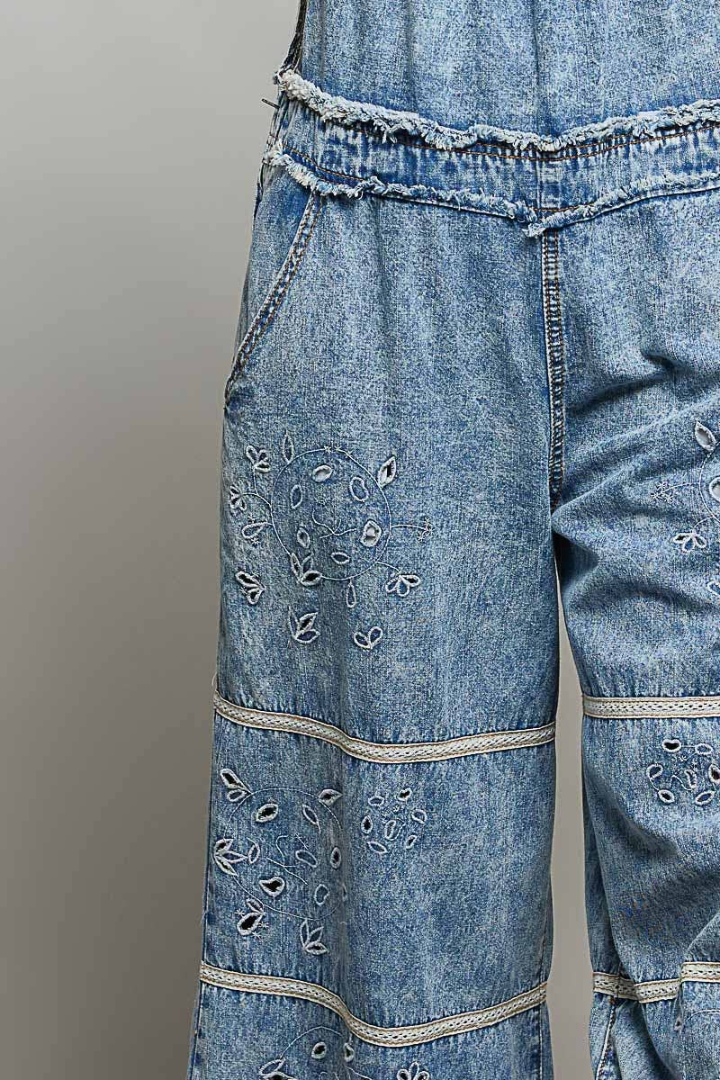 Laser-Cut Trim Accent Twill Denim Wide Leg Overalls