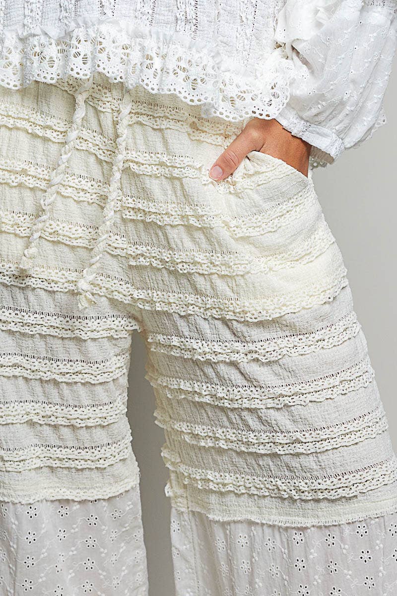 Solid Pattern Eyelet Patch High-Rise Lace Knit Pants
