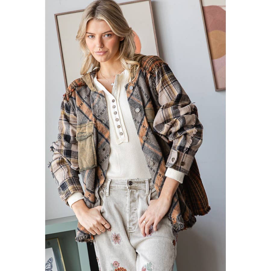 WASHED MIXED PLAID OVERSIZED HOODED JACKET