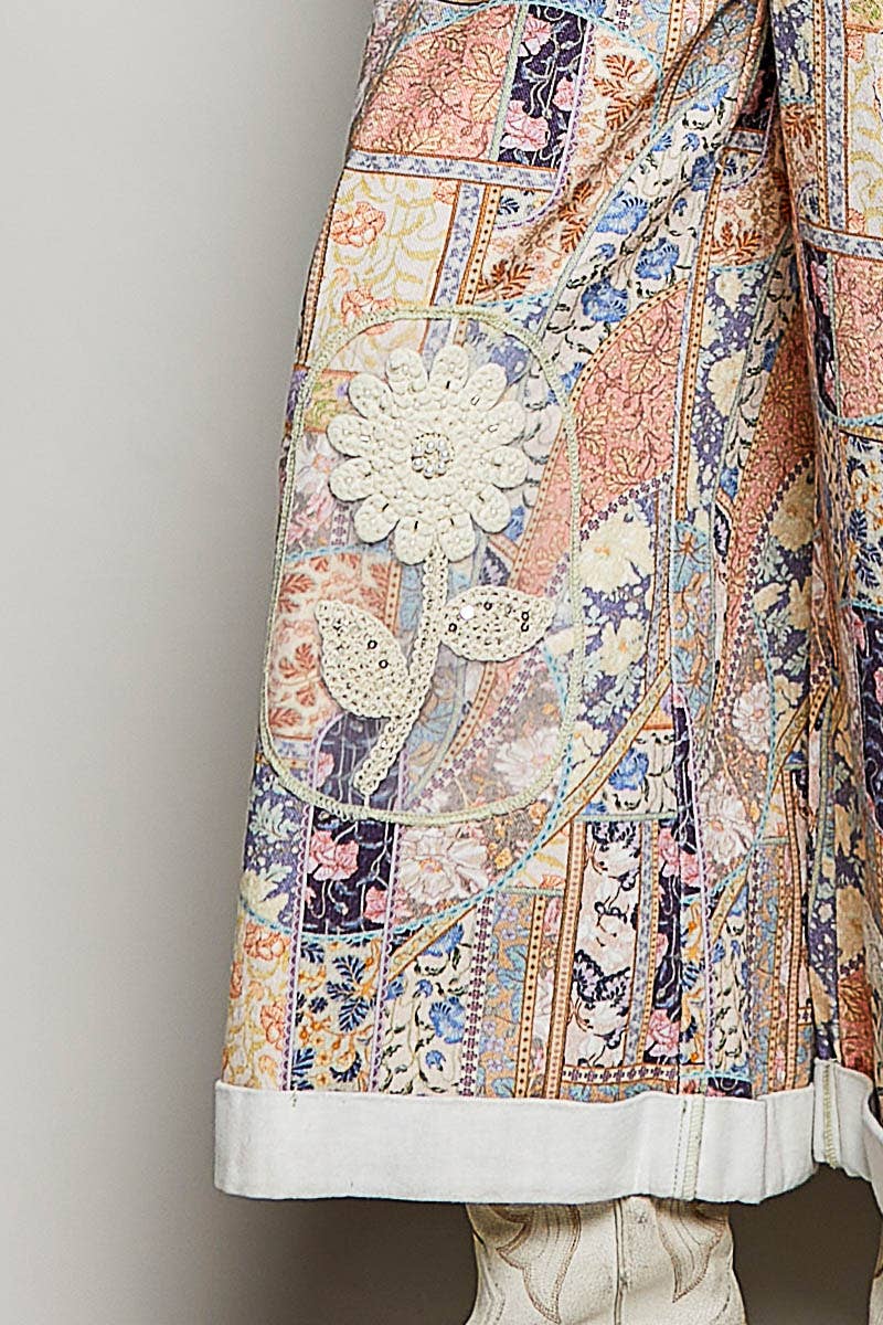 POL Floral Crochet Pearl Patch Roomy Fit Twill Overalls