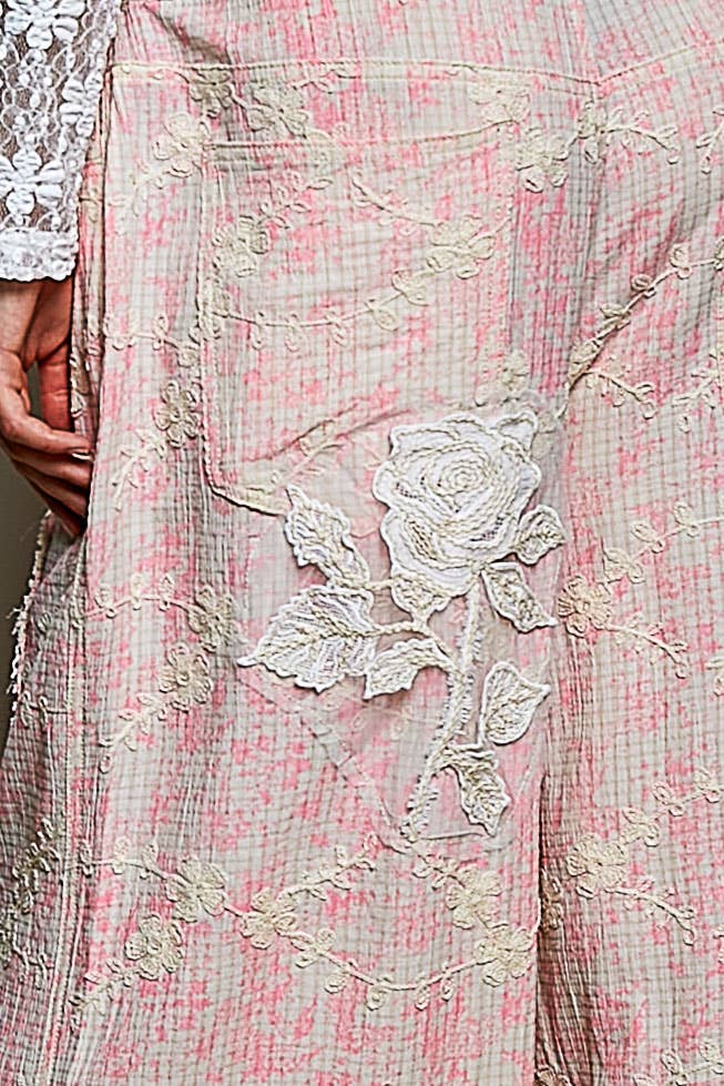 Floral Embroidery Accents Mesh Patches Strap Woven Overalls