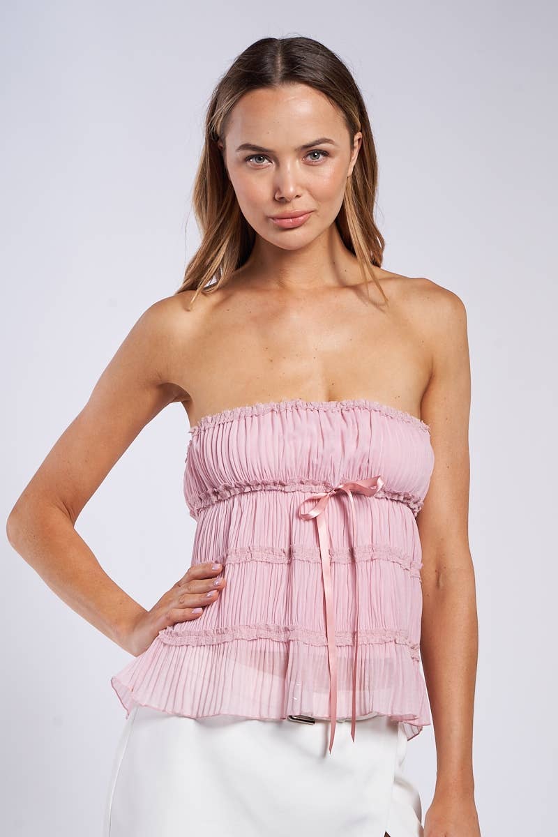 SOFT CHIFFON RUFFLE LACE TRIM TIERED TUBE TOP