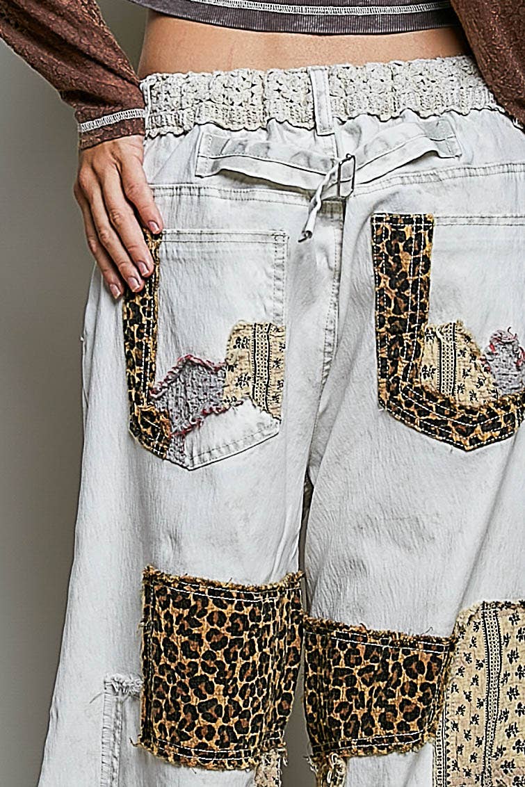 JULY SHIP Handcrafted Vintage DIY Patchwork-Style Waistband Wide Pant: NATURAL MULTI