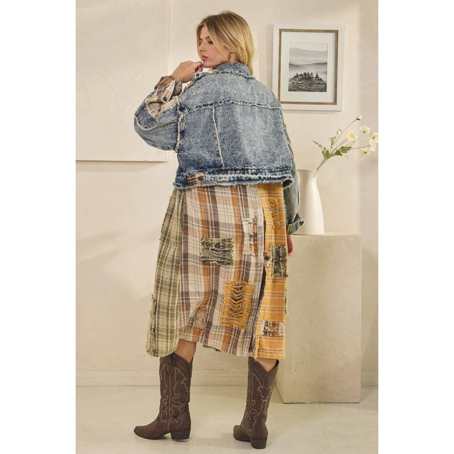 WASHED DENIM PLAID MIXED LONG SLEEVE JACKET