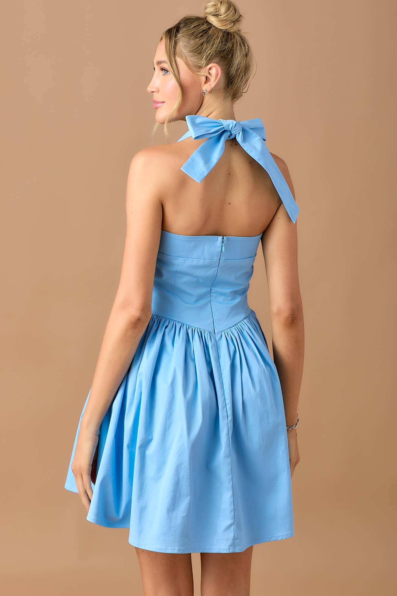 Halter style corset fit flared cotton mini dress