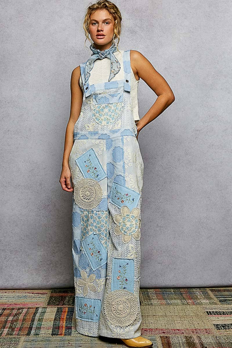POL Floral Patch Stitch Detail Wide Leg Woven Overalls