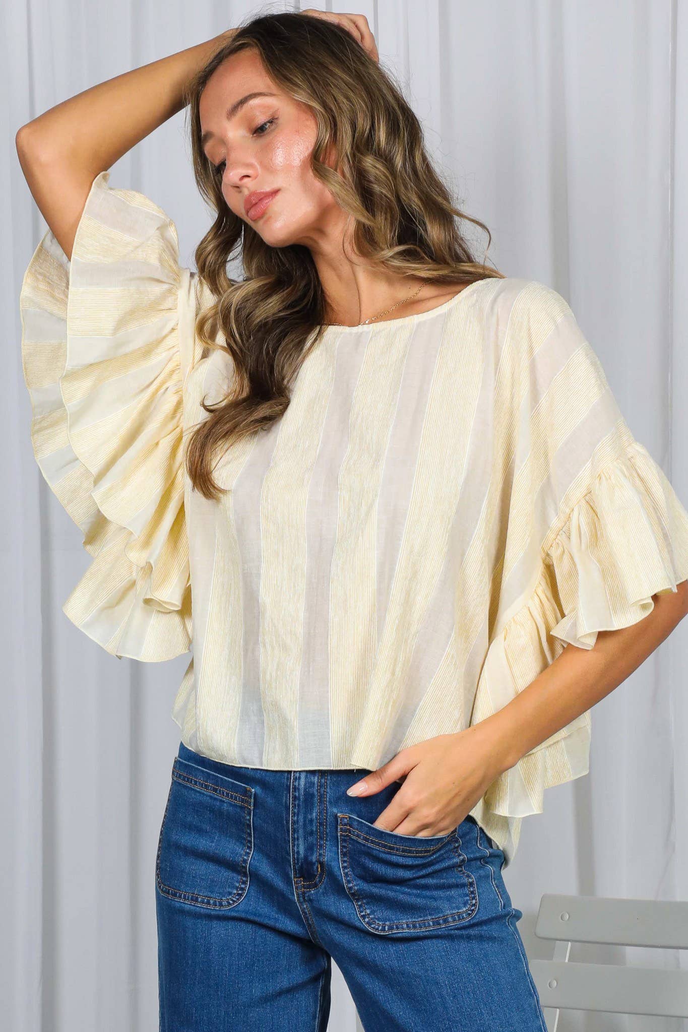 Wild Ruffle Embellished Sleeve Flowy Striped Top VT83104A: Yellow