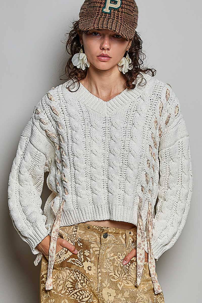 Chenille V Neck Balloon Sleeve Tie Detail Sweater Top: CREAM