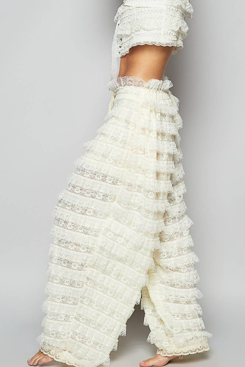 JUNE SHIP POL Solid lace trim detail woven wide pants