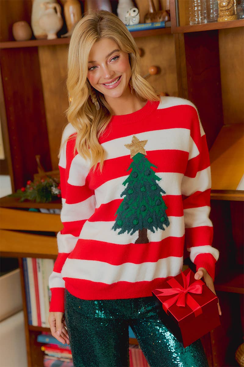 CHRISTMAS STRIPE AND TREE APPLIQUE KNIT TOP