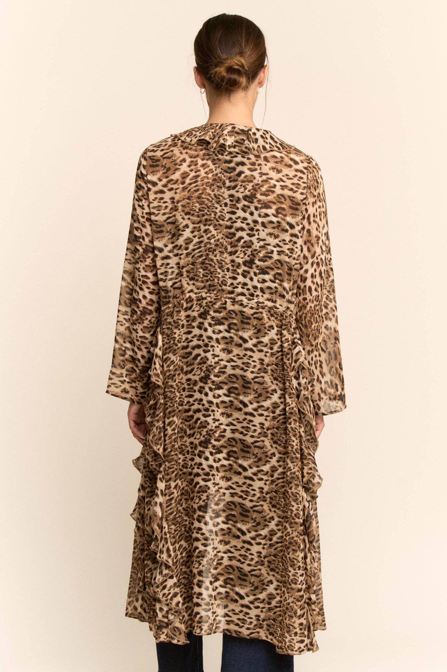 ANIMAL PRINT RUFFLED CHIFFON LONG CARDIGAN