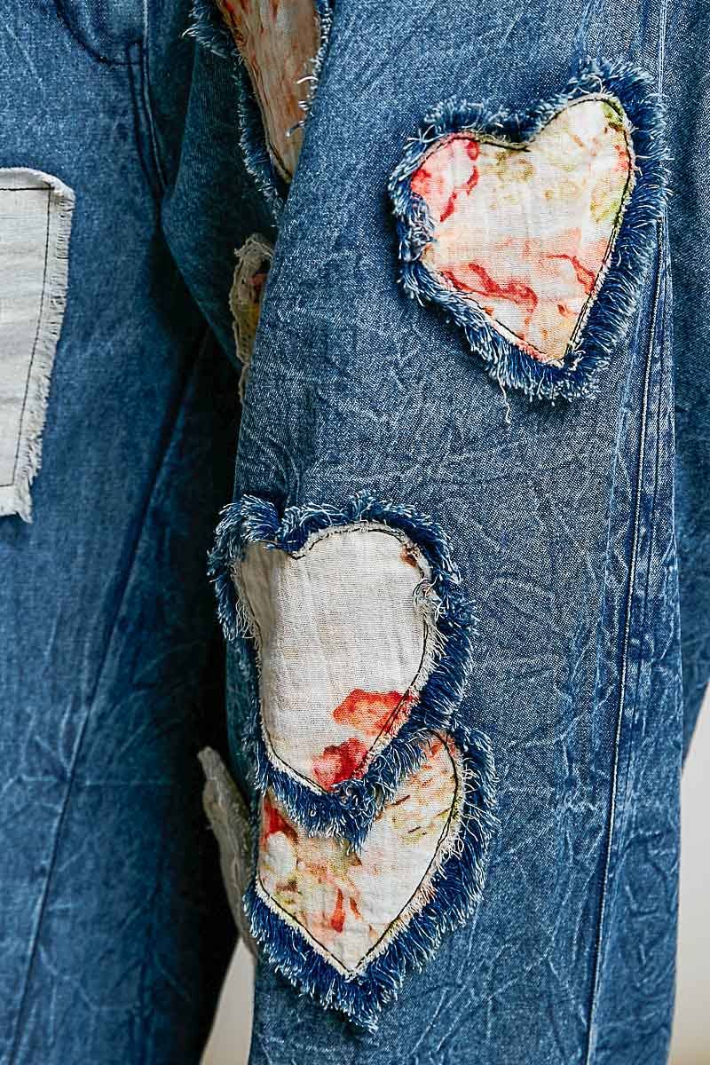 AUG 1st SHIP Patch Elastic Waistband Adjustable Button Woven Pants: DENIM MULTI
