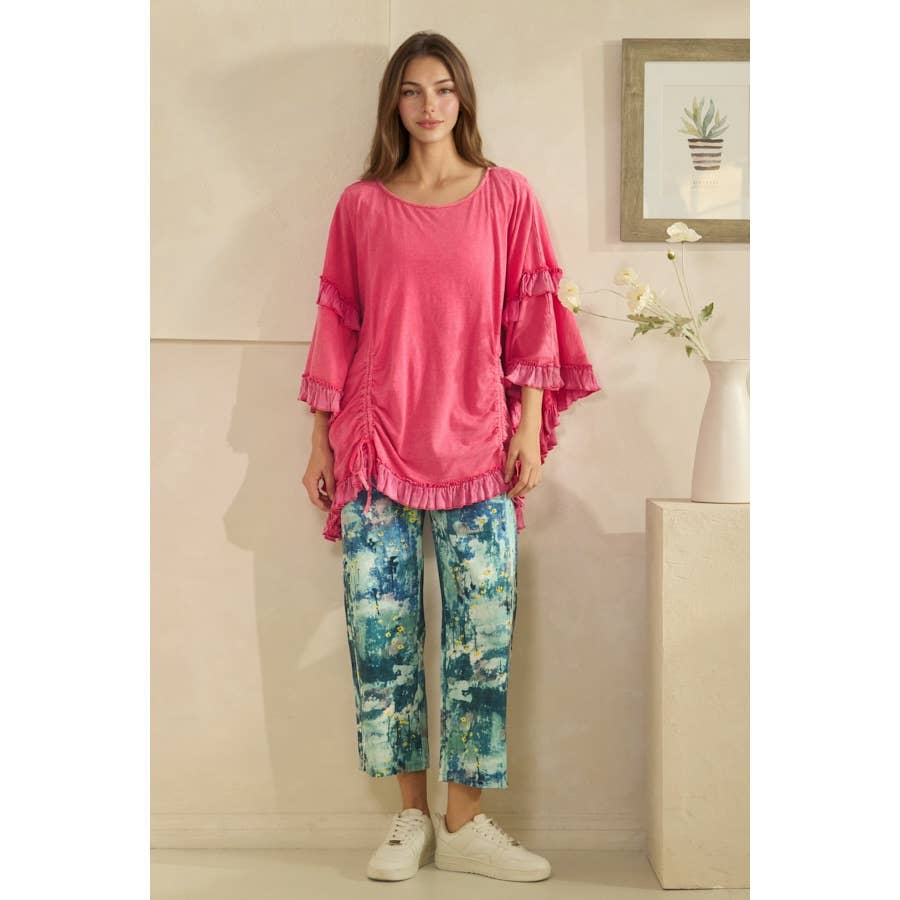 WASHED CINCHED DETAIL RUFFLE SLEEVE AND HEM TOP - HOT PINK or BLACK