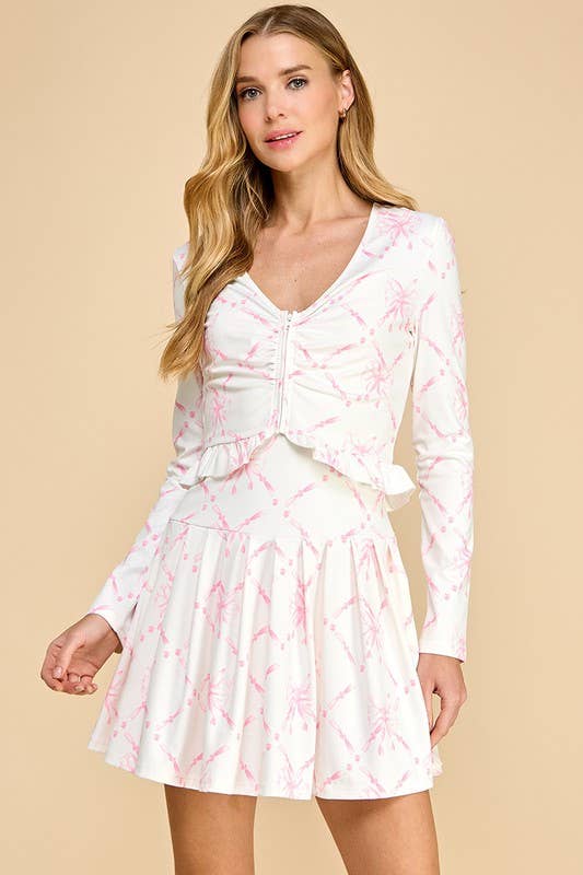 CT9203-Ribbon Printed Zippered and Ruched Cardigan