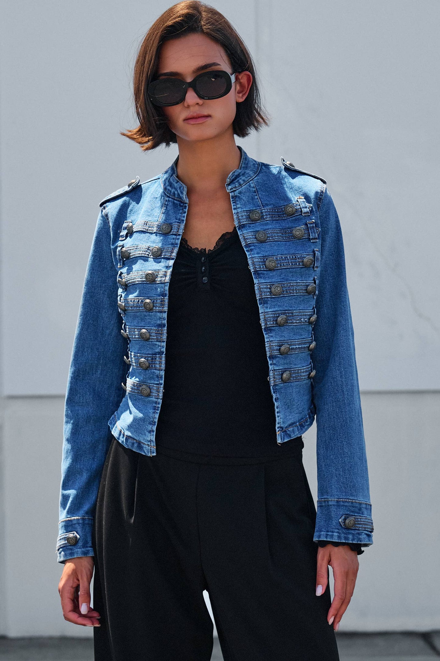 Military Double-Button Denim Jean Jacket: Blue