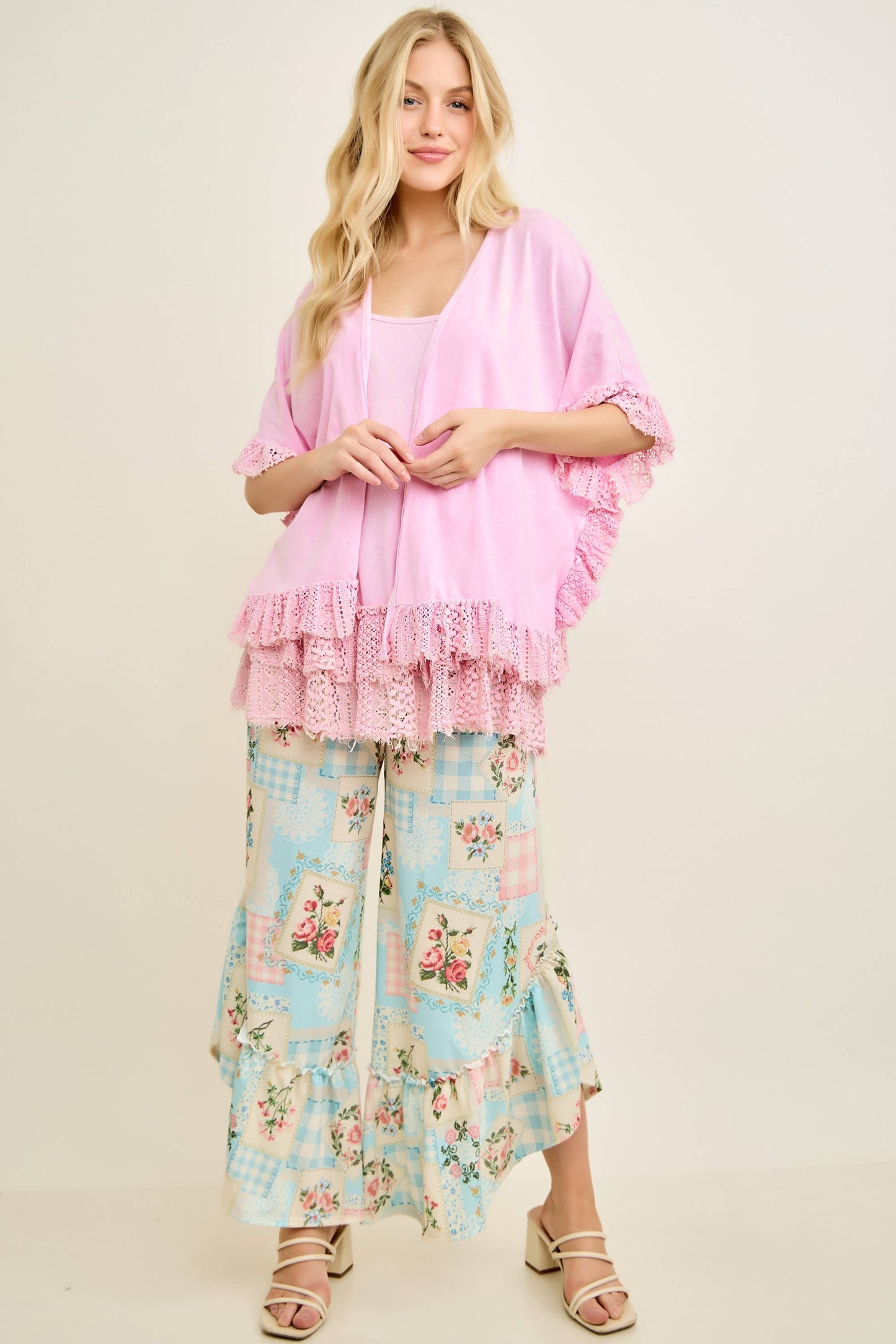 Mineral Washed Lace Detail Kimono