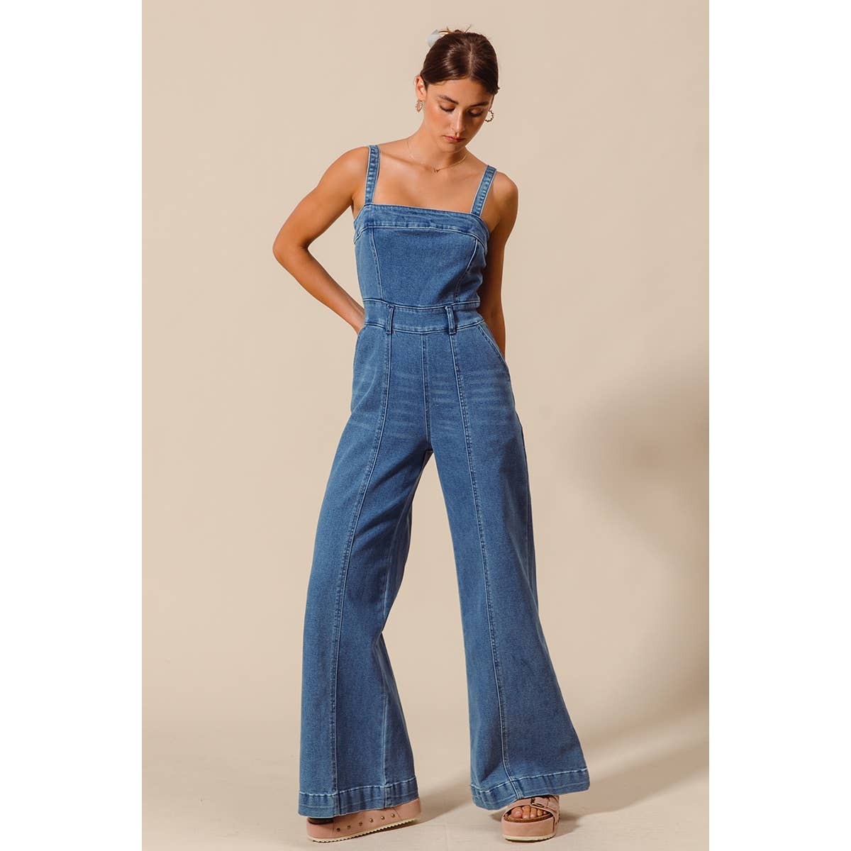 FRONT CUT EXPOSED SEAM WASHED DENIM JUMPSUIT : DENIM