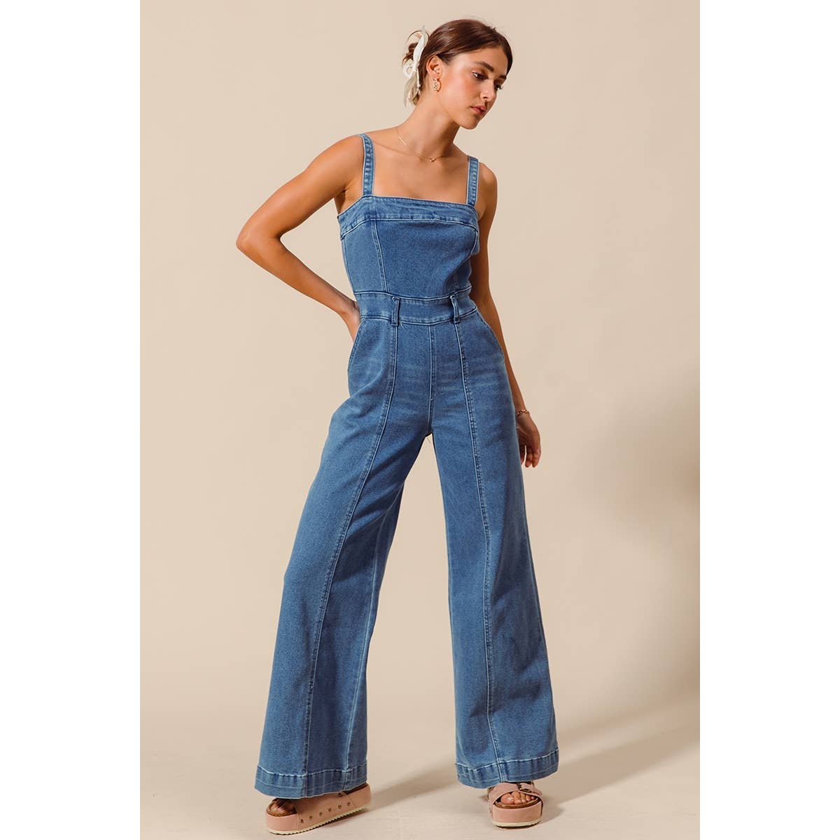 FRONT CUT EXPOSED SEAM WASHED DENIM JUMPSUIT : DENIM