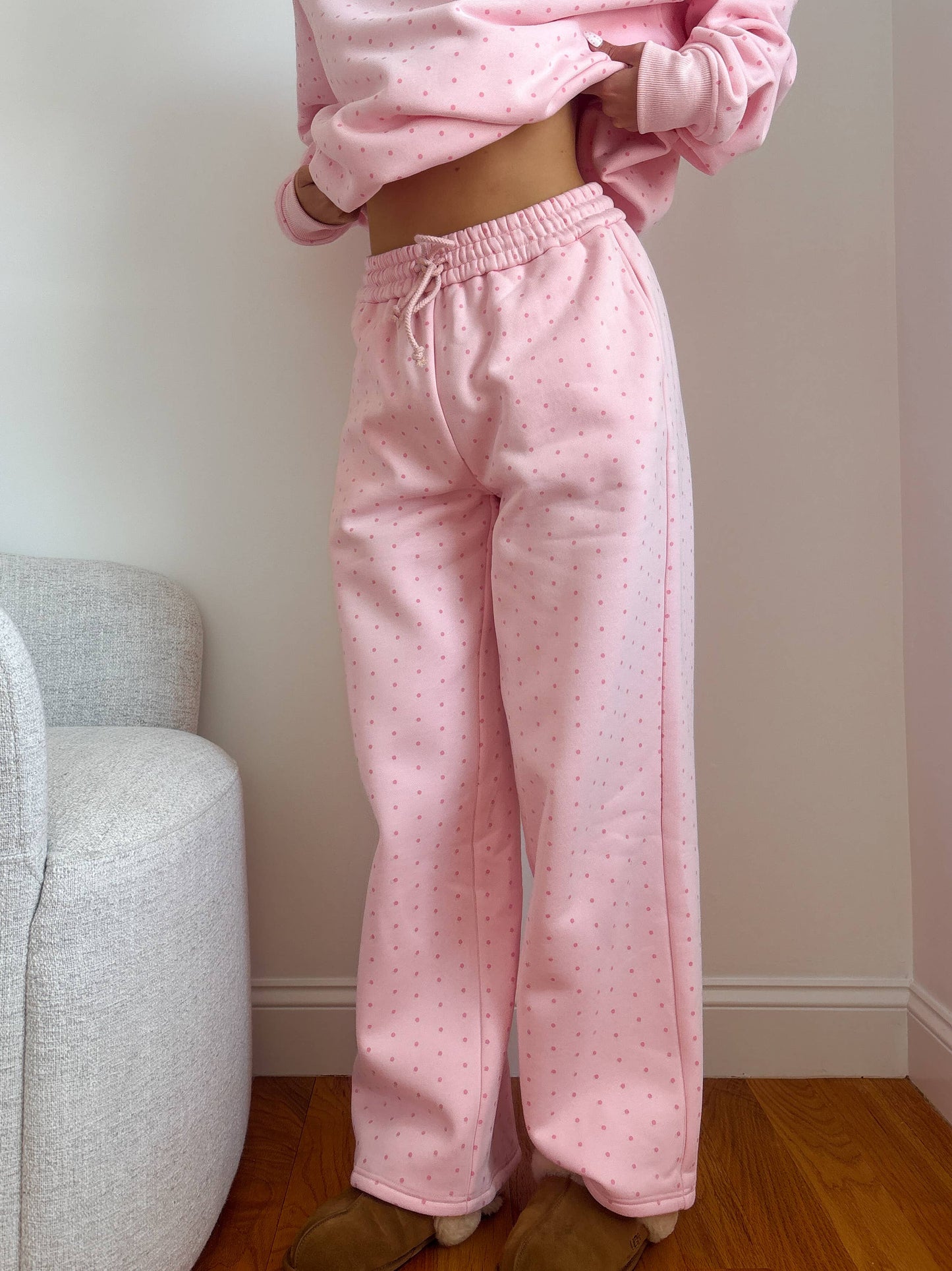 JUNE SHIp Sunkissed Coconut Light Pink Polka Dot Flare Sweatpants