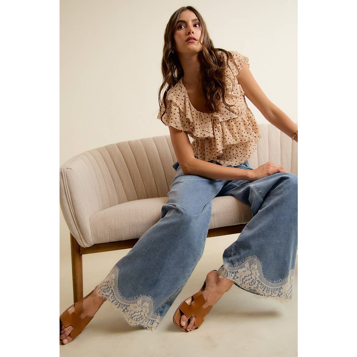 JUNE SHIP  LACE TRIM WIDE LEG ELASTIC MID RISE DENIM PANTS: DENIM