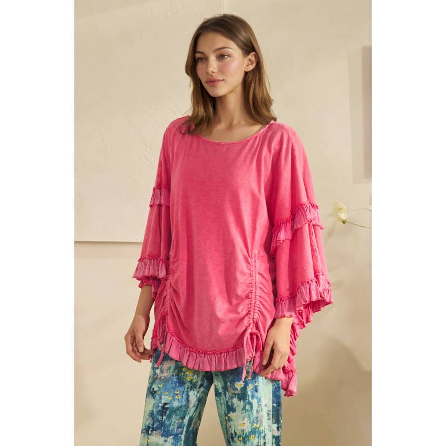 WASHED CINCHED DETAIL RUFFLE SLEEVE AND HEM TOP - HOT PINK or BLACK