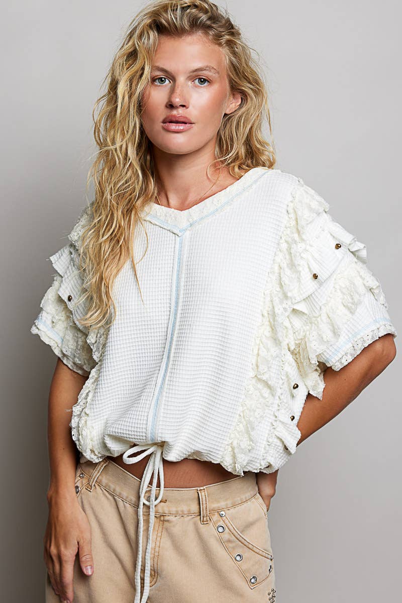 JUNE SHIP  POL  Textured Knit Ruffle Sleeve Lace Stud Cropped Short Top