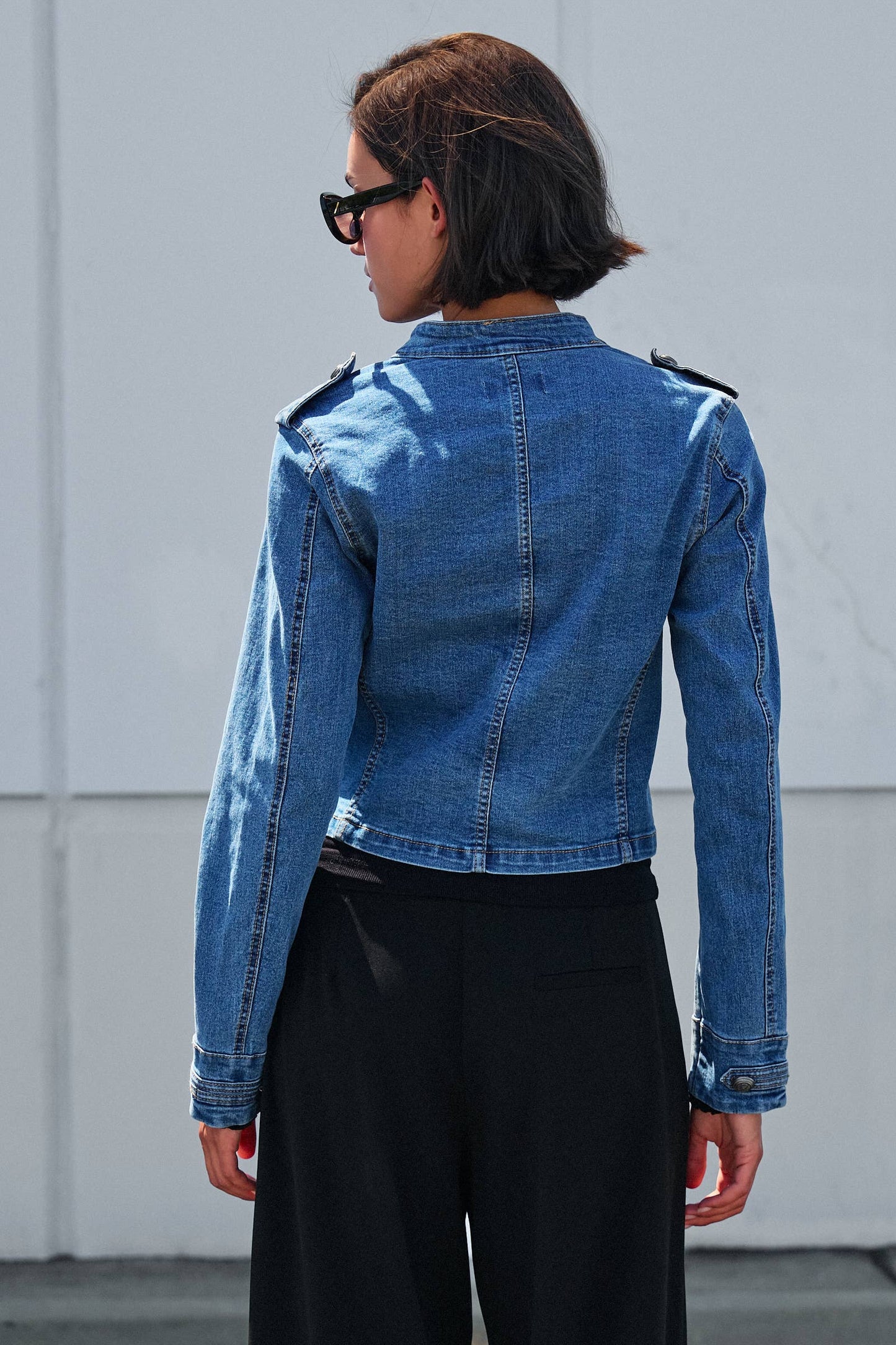 Military Double-Button Denim Jean Jacket: Blue