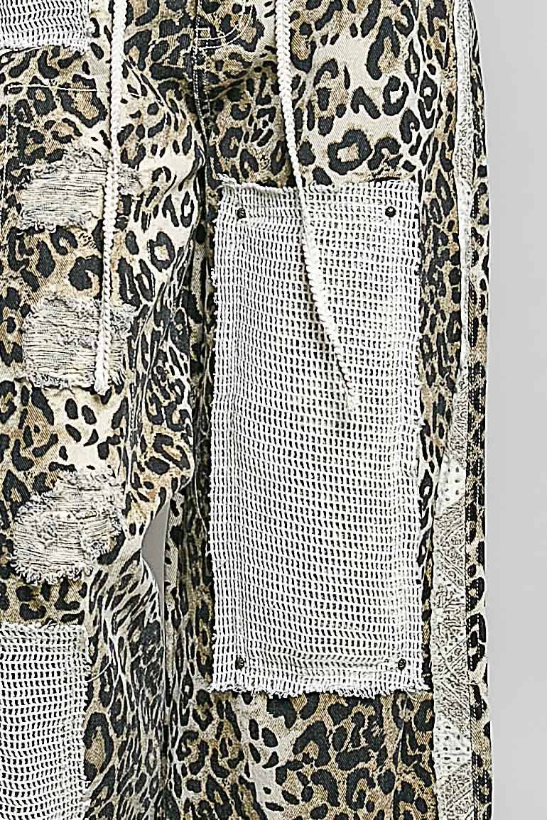 JULY SHIP POL Stud Detail Woven Denim Pants: SAND LEOPARD