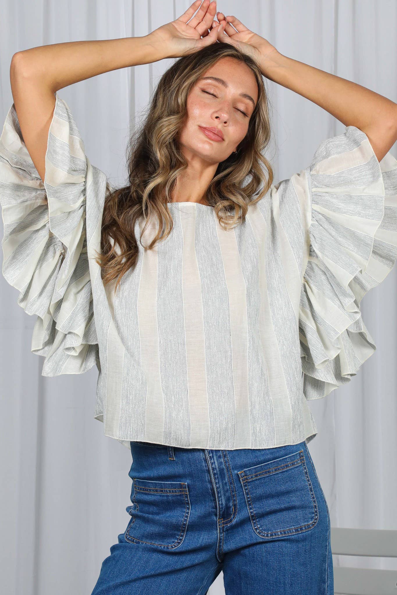 Wild Ruffle Embellished Sleeve Flowy Striped Top VT83104A: Blue
