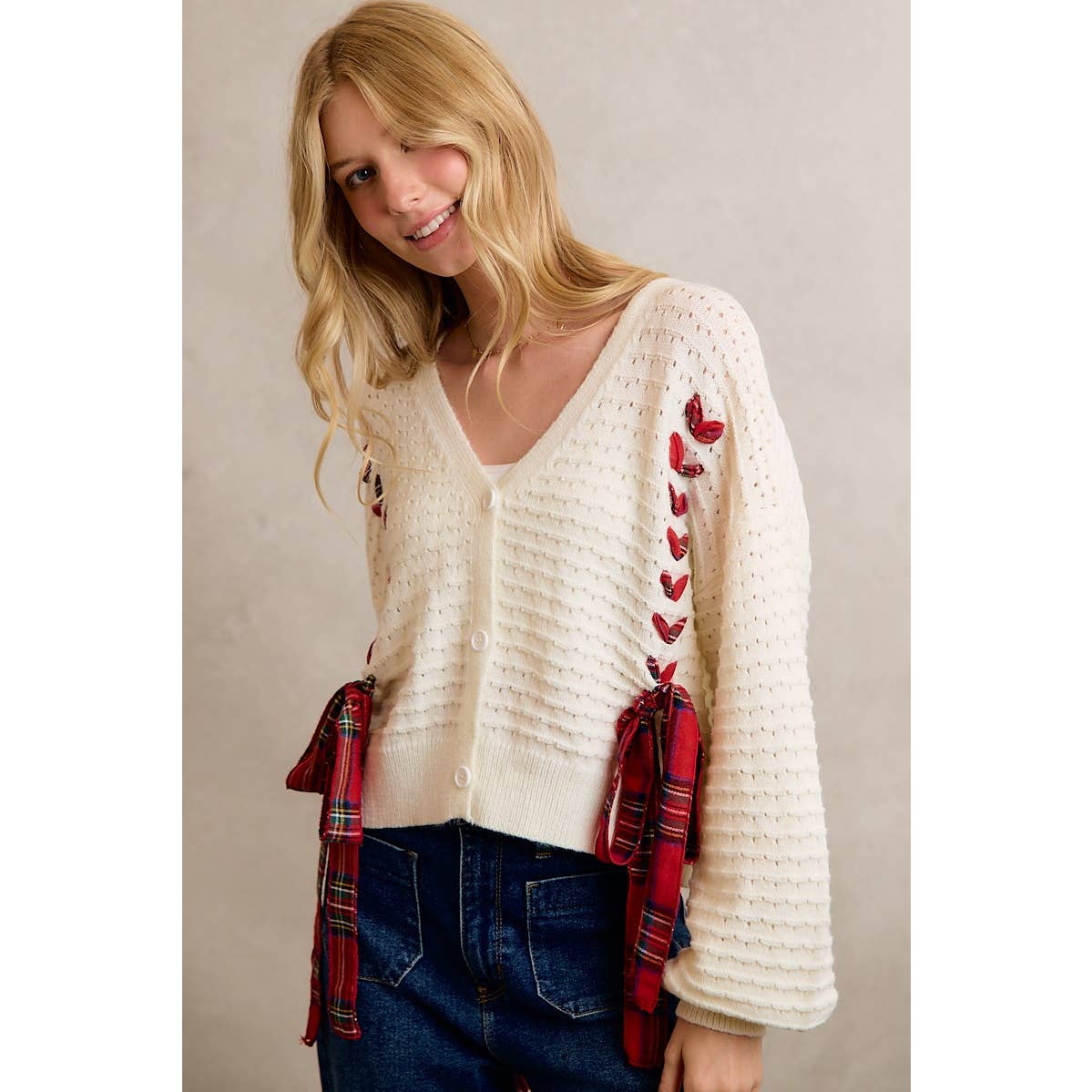 WRAPPED WITH A BOW CHRISTMAS CHECKERED PLAID TAPE LACE TEXTURE SWEATER CARDIGAN