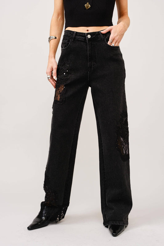 23421P - Lace Patchwork Straight Leg Jeans