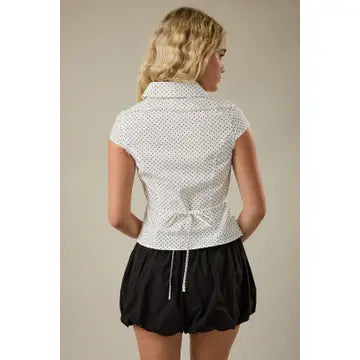 Short Sleeve polka dot front button with tie back