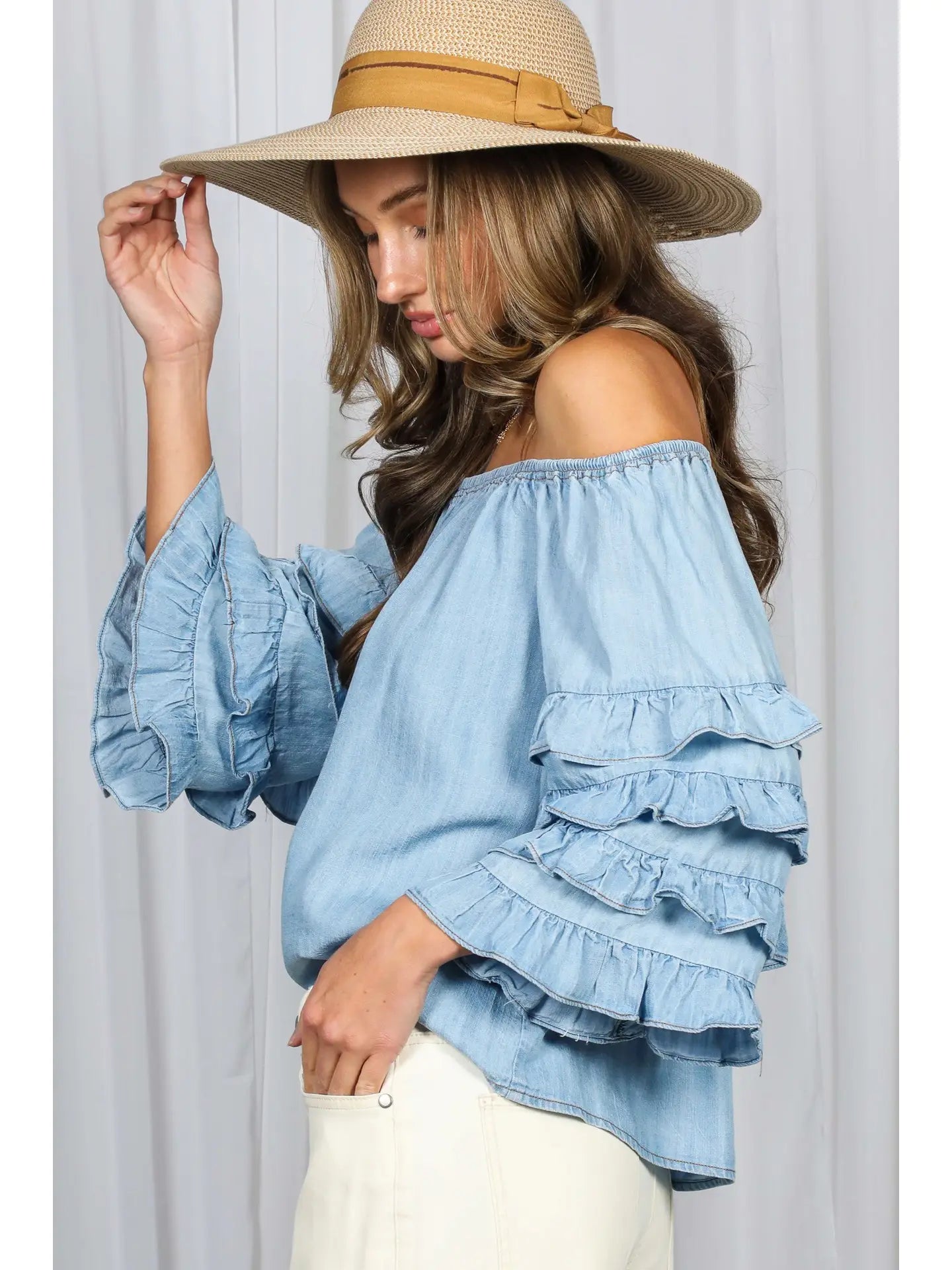 Blue ruffle sleeve shirt