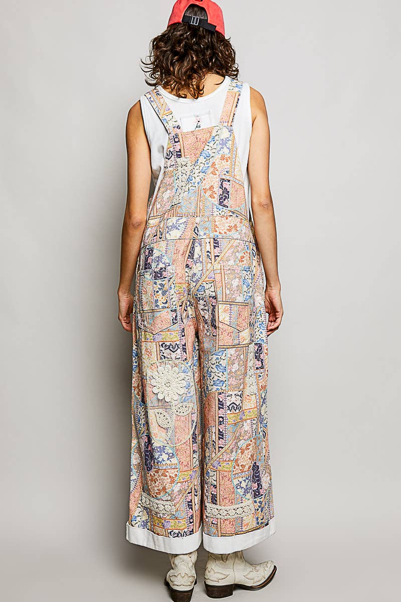POL Floral Crochet Pearl Patch Roomy Fit Twill Overalls
