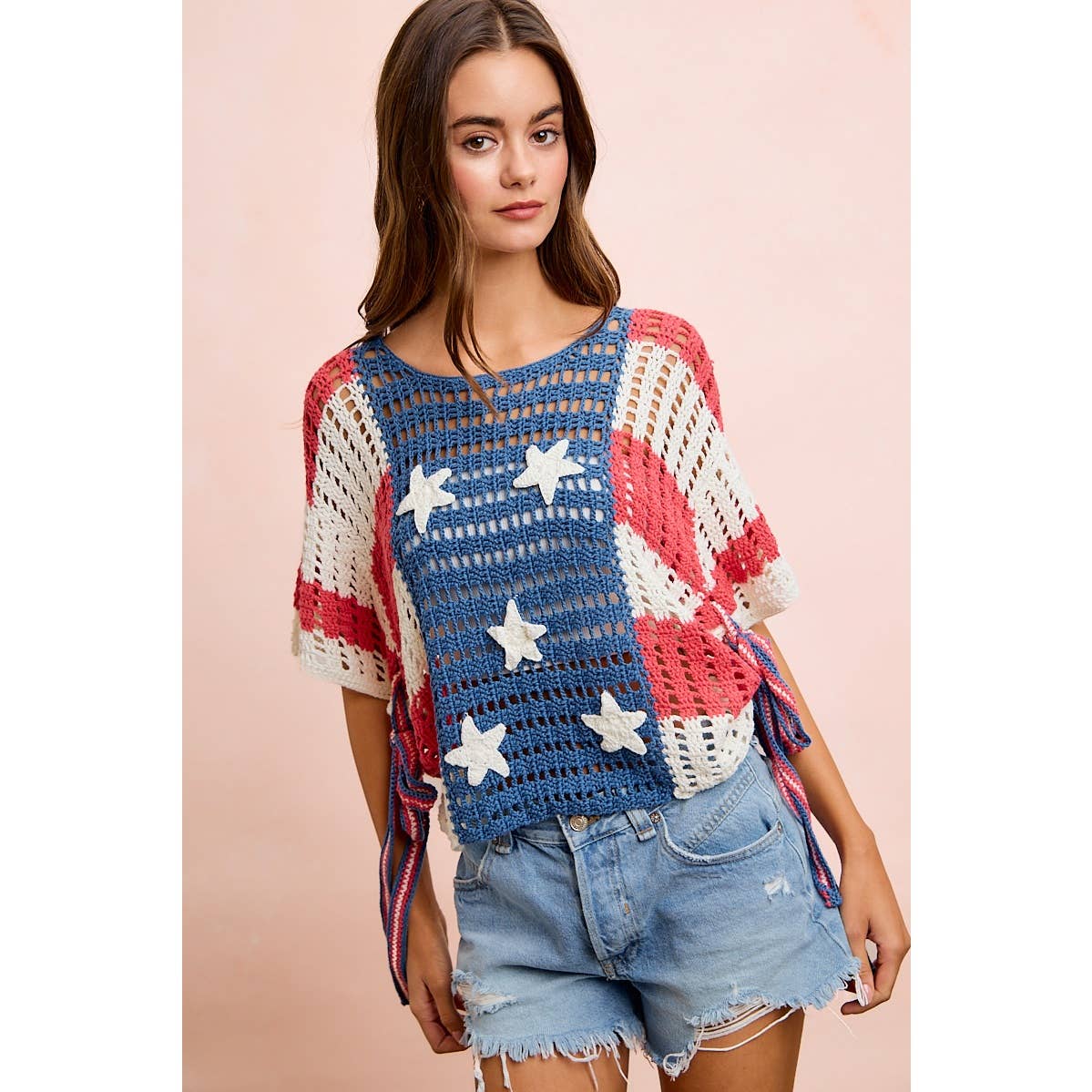 4TH OF JULY AMERICAN FLAG OPEN KNIT CROCHET TOP: AMERICAN FLAG