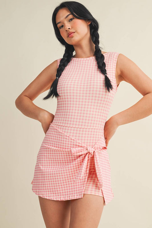 JUNE SHIP Gingham Print Sleeveless Wrap Tie Front Dress