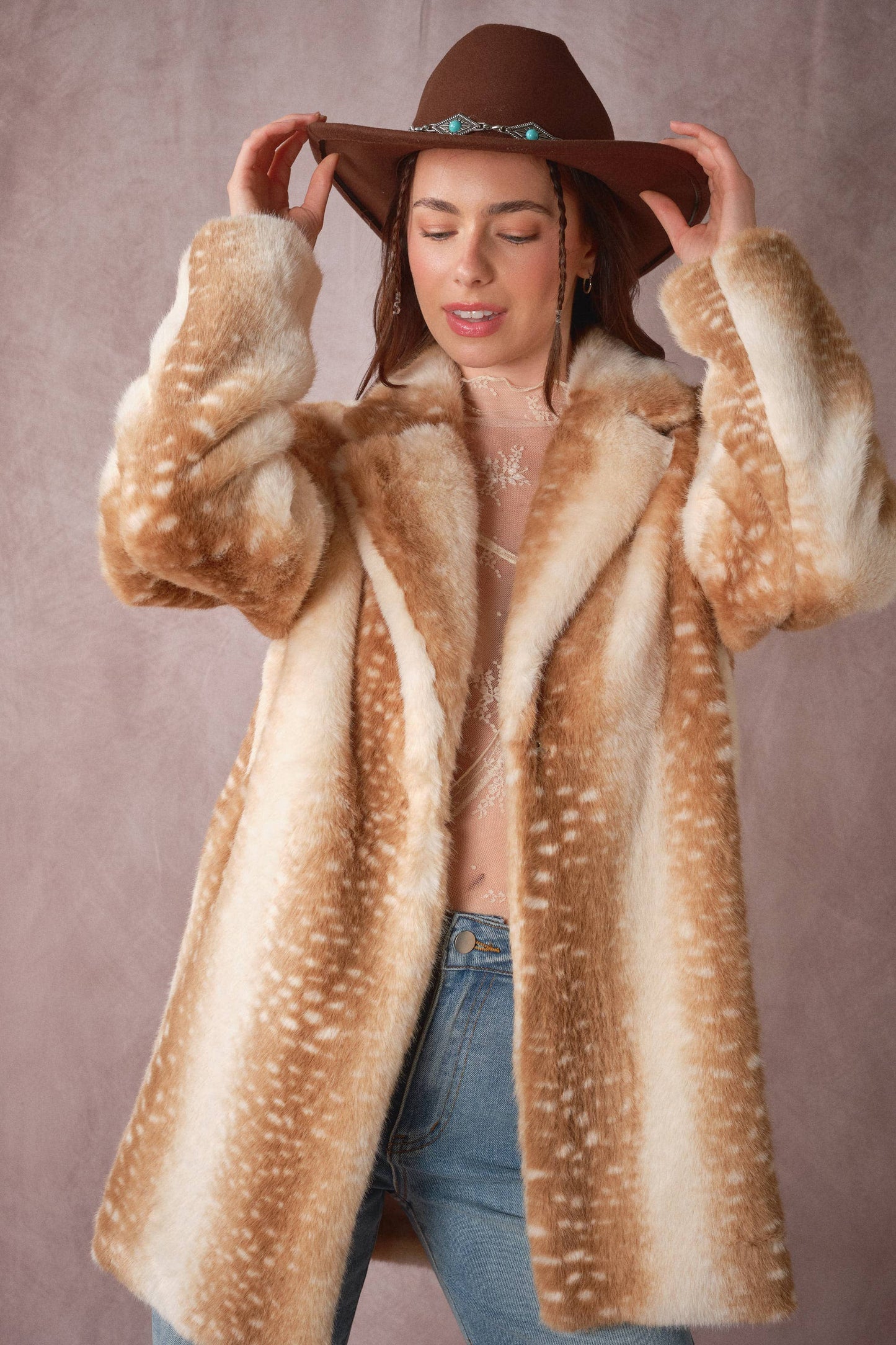Deer Print Faux Fur Coat: TAUPE