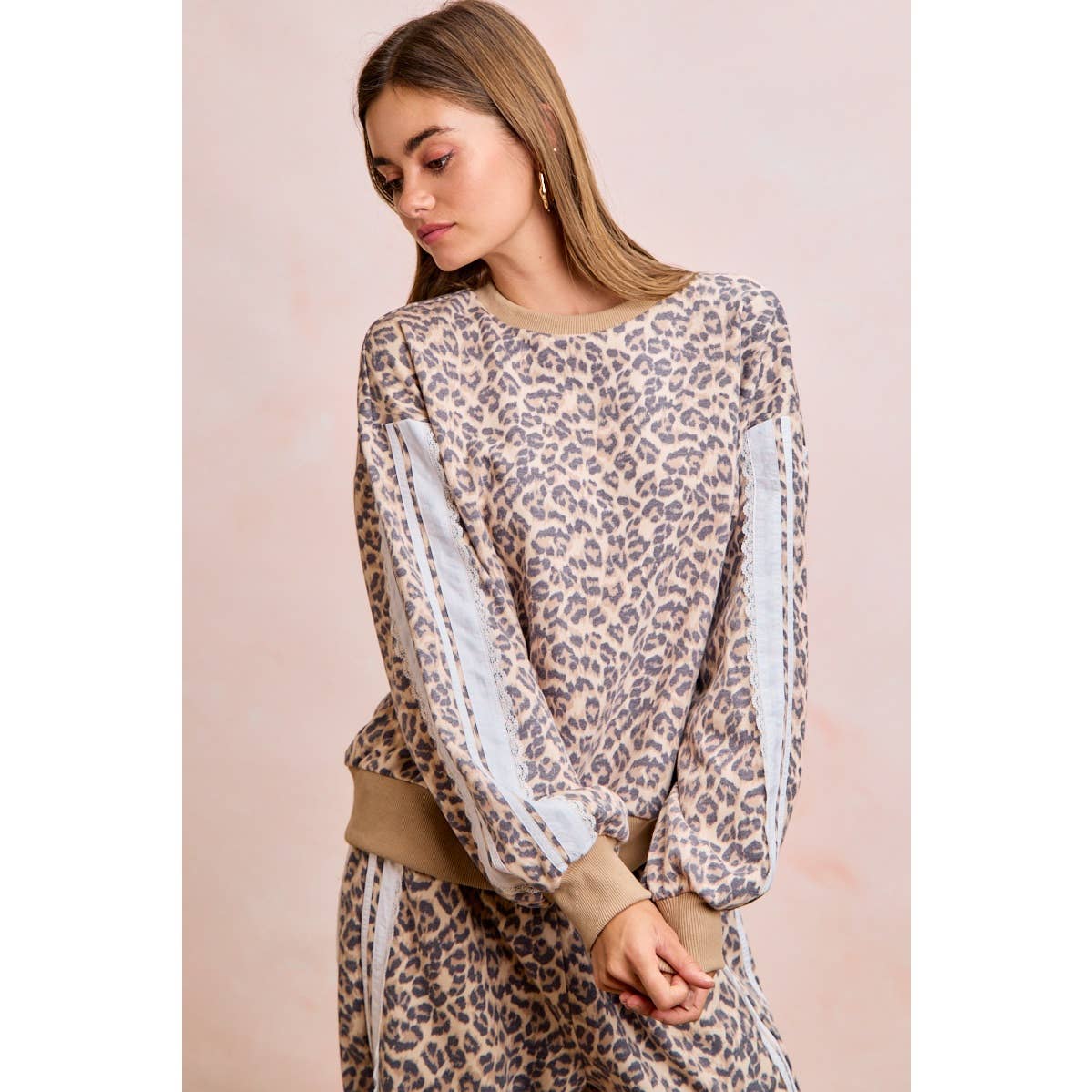 LEOPARD FRENCH TERRY LACE CONTRAST SWEATSHIRT TOP: LEOPARD