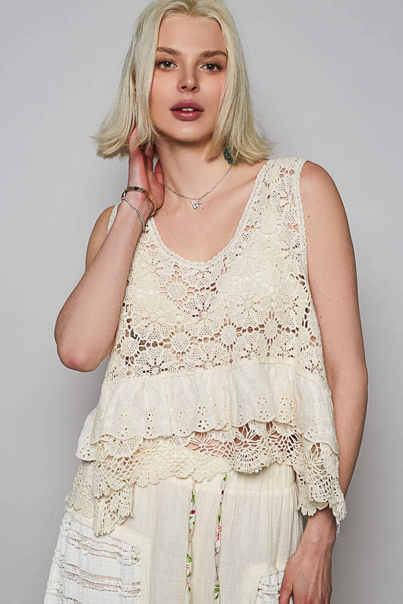 POL Round neck ruffle embroidered eyelet crochet top