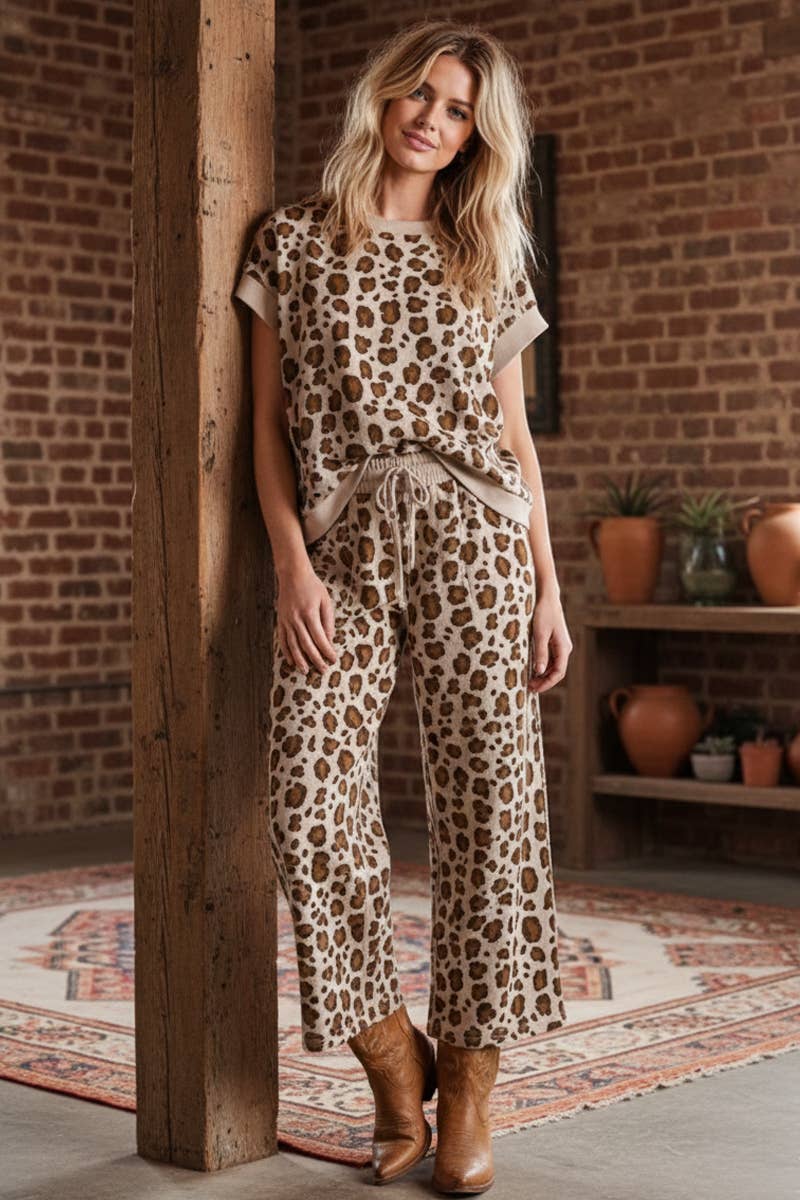 LEOPARD PRINT SCUBA TOP AND PANTS SETS