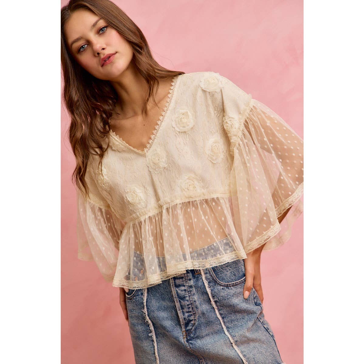 FLORAL APPLIQUE LACE FLOWY V NECK BLOUSE TOP: CREAM